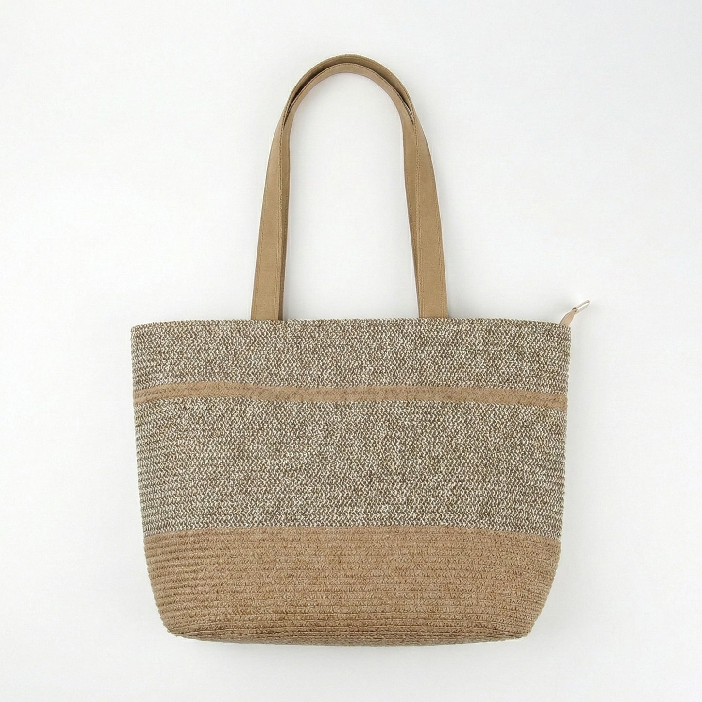 Woven Straw Tote Bag with Contrast Panel Bow Accent Dual Shoulder Straps