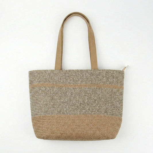 Woven Straw Tote Bag with Contrast Panel Bow Accent Dual Shoulder Straps