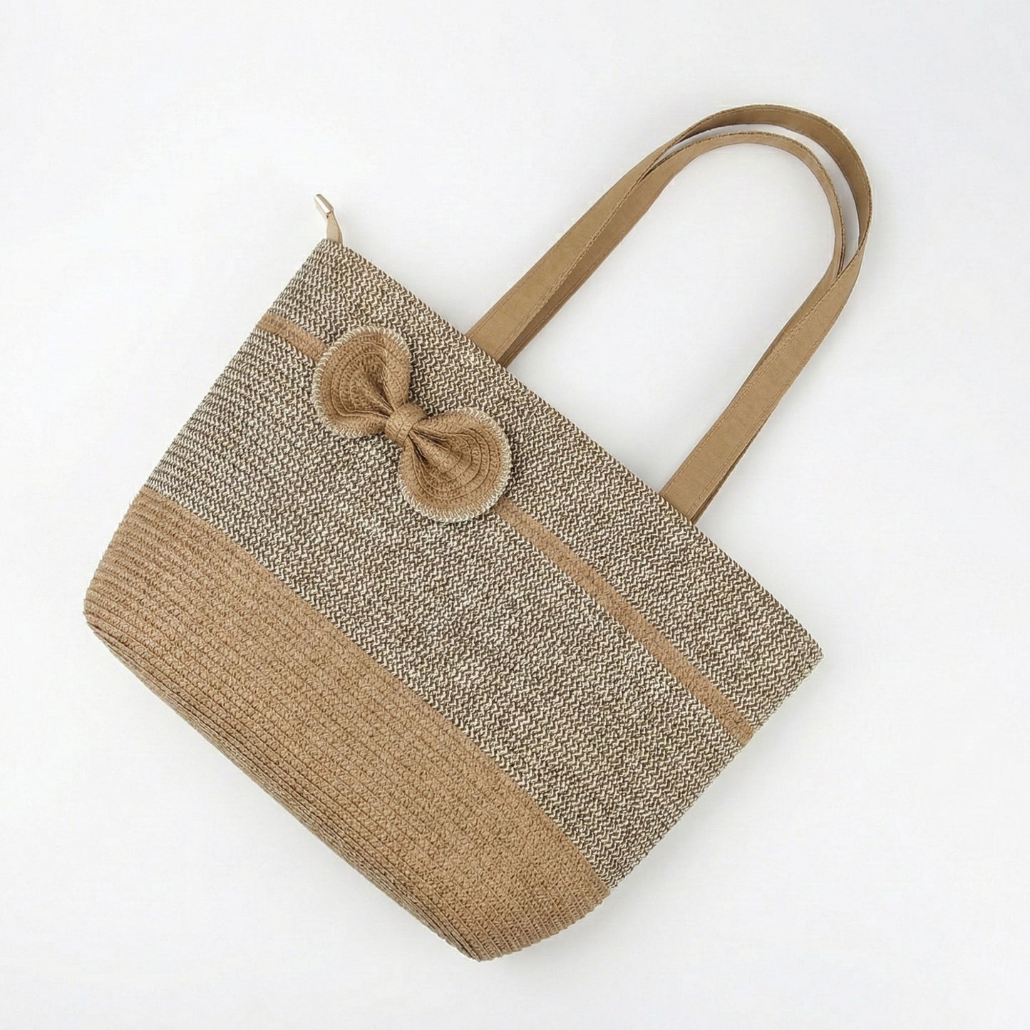 Woven Straw Tote Bag with Contrast Panel Bow Accent Dual Shoulder Straps