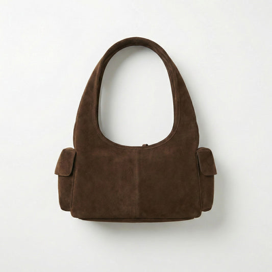Faux Leather Shoulder Bag with Curved Silhouette Multi Pocket Design Wide Strap