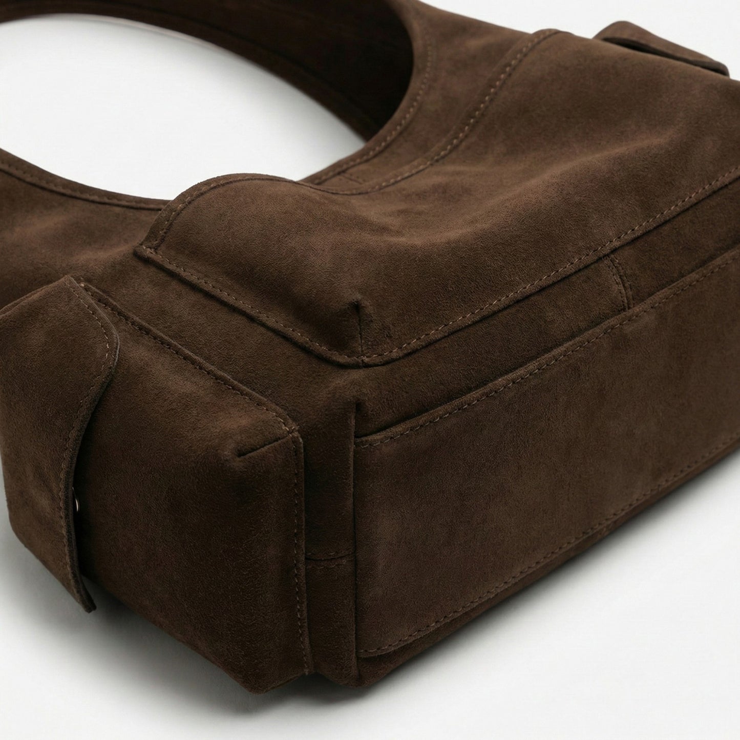 Faux Leather Shoulder Bag with Curved Silhouette Multi Pocket Design Wide Strap