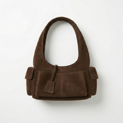 Faux Leather Shoulder Bag with Curved Silhouette Multi Pocket Design Wide Strap