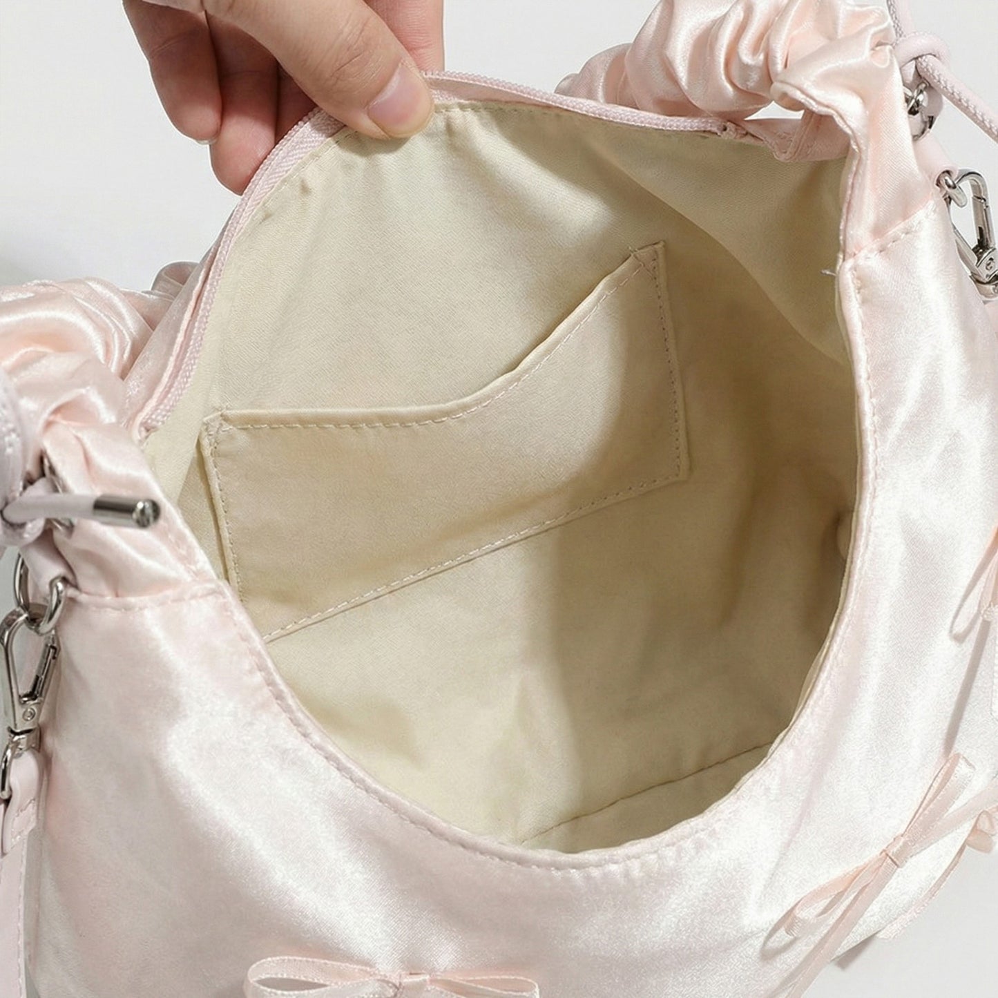 Satin Shoulder Bag with Ruched Top Handle Adjustable Crossbody Strap