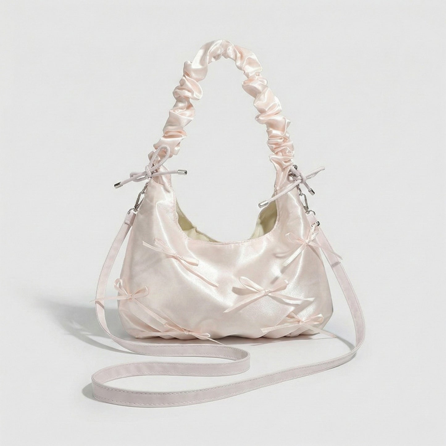 Satin Shoulder Bag with Ruched Top Handle Adjustable Crossbody Strap