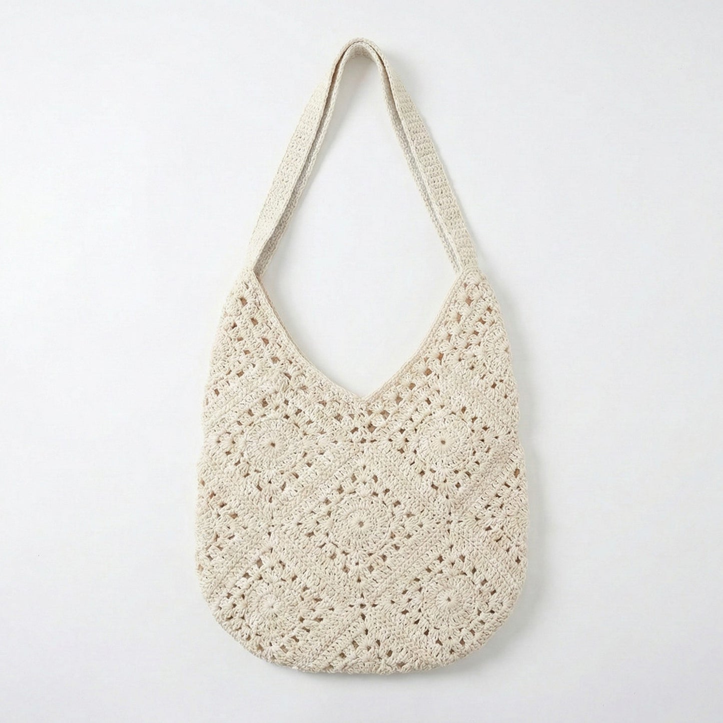 Crochet Shoulder Bag with Open Knit Pattern Slouchy Hobo Silhouette and Wide Strap