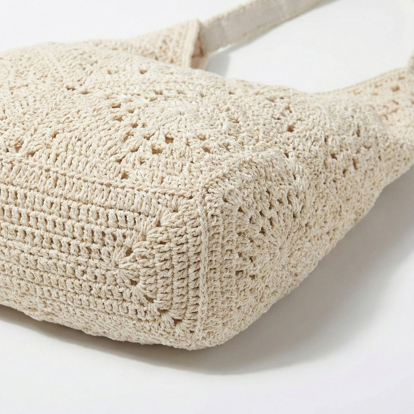 Crochet Shoulder Bag with Open Knit Pattern Slouchy Hobo Silhouette and Wide Strap