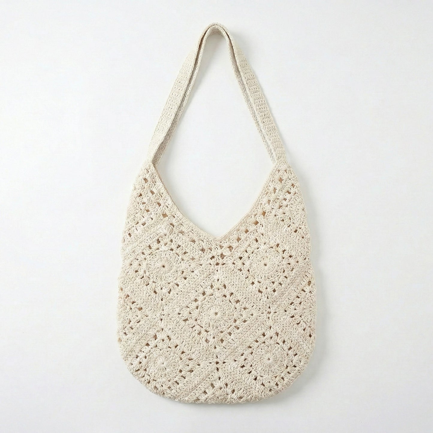 Crochet Shoulder Bag with Open Knit Pattern Slouchy Hobo Silhouette and Wide Strap