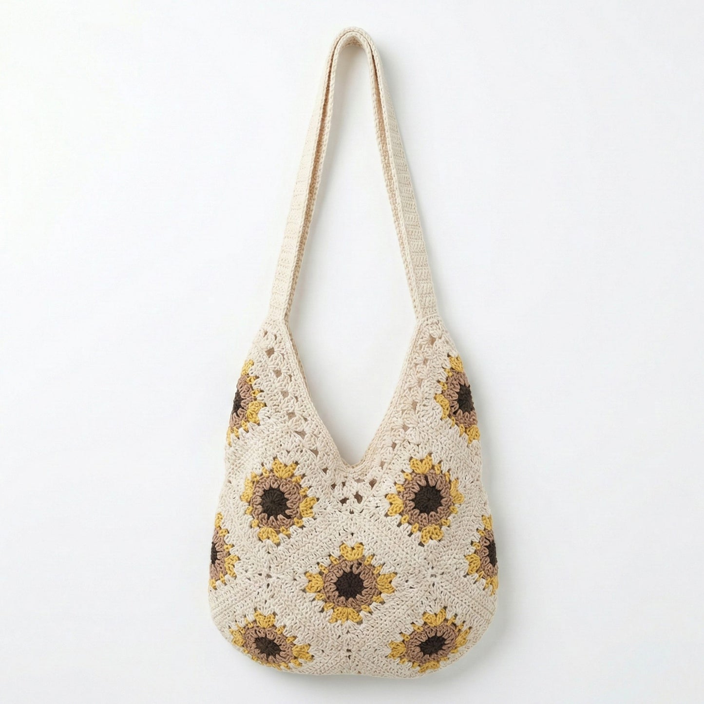 Crochet Shoulder Bag with Open Knit Pattern Slouchy Hobo Silhouette and Wide Strap