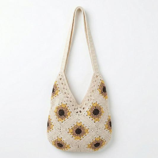Crochet Shoulder Bag with Open Knit Pattern Slouchy Hobo Silhouette and Wide Strap