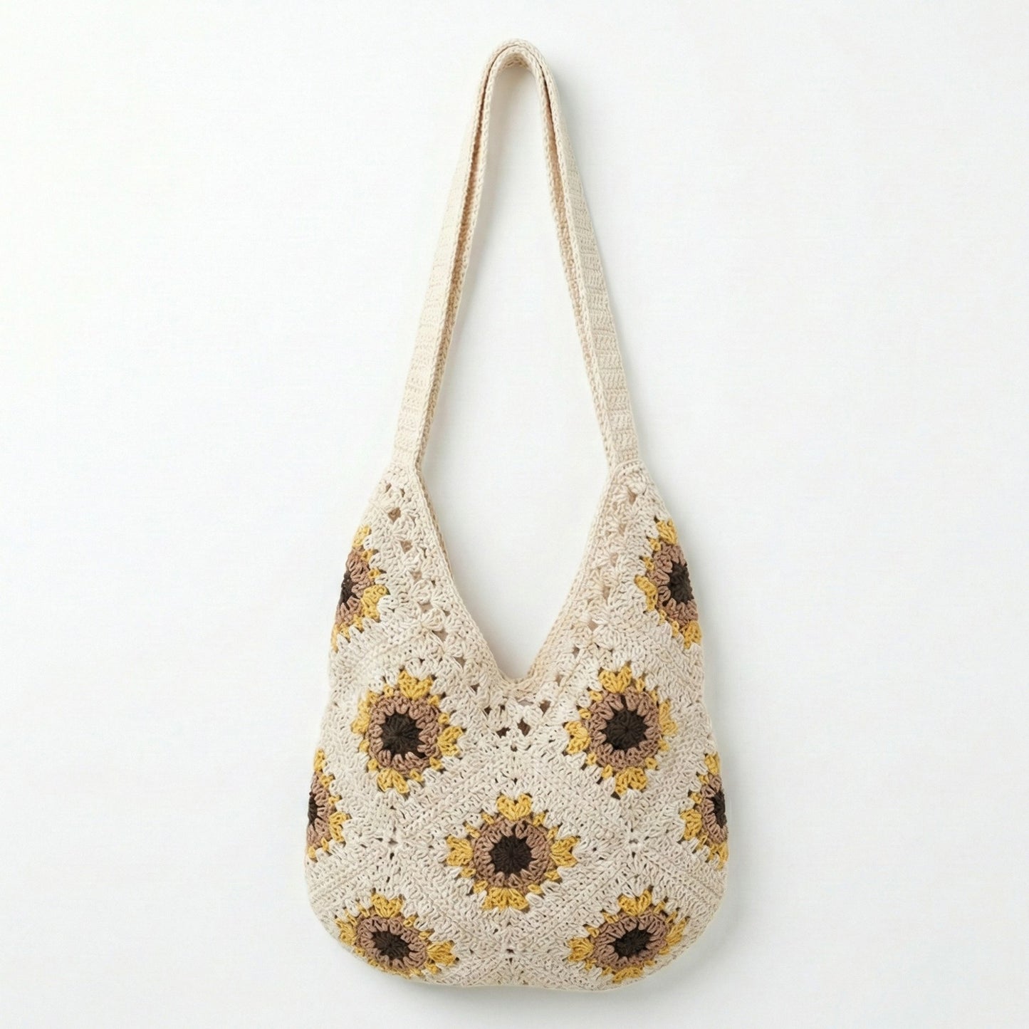 Crochet Shoulder Bag with Open Knit Pattern Slouchy Hobo Silhouette and Wide Strap