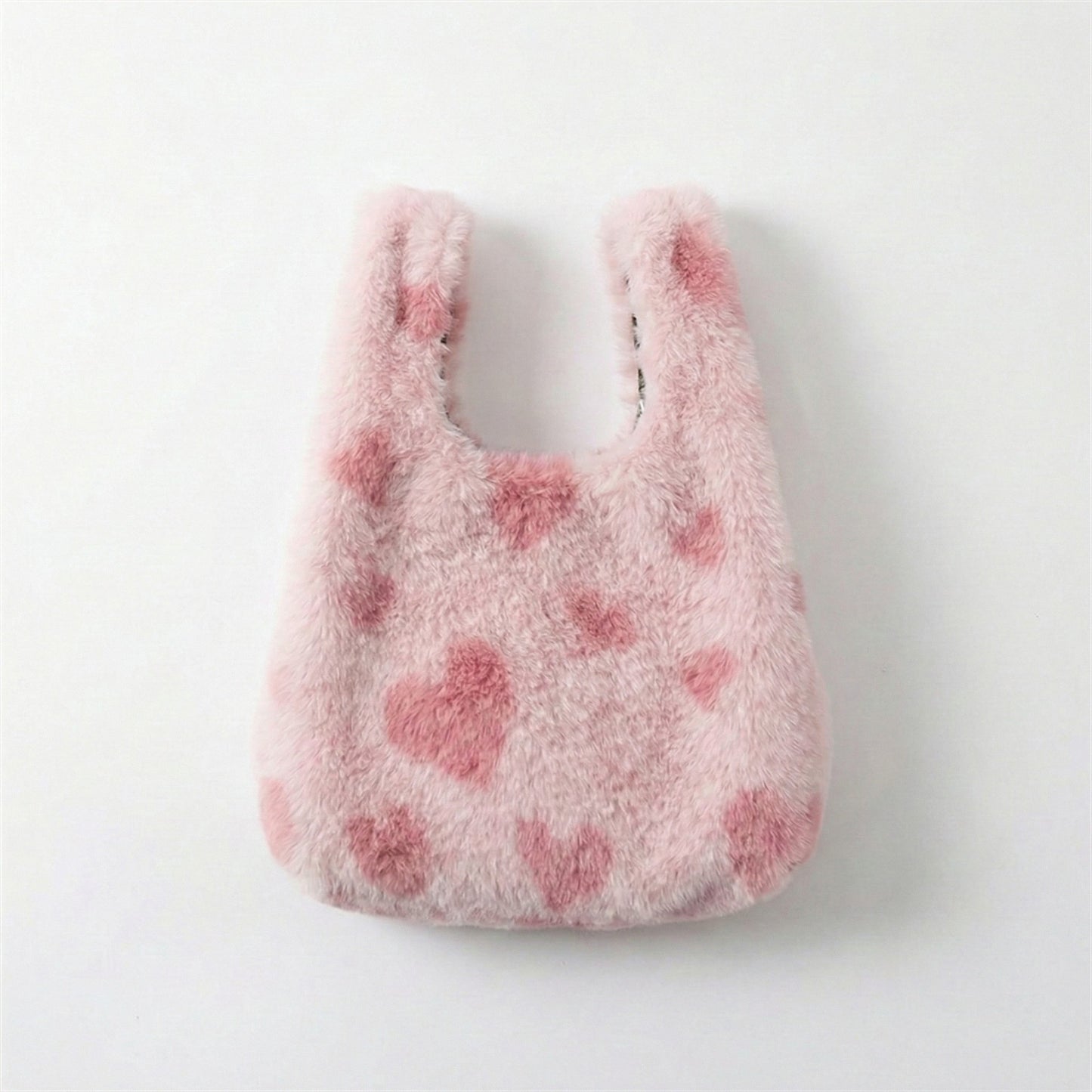Faux Fur Shoulder Tote Bag with Heart Pattern Soft Plush Texture and Wide Handles