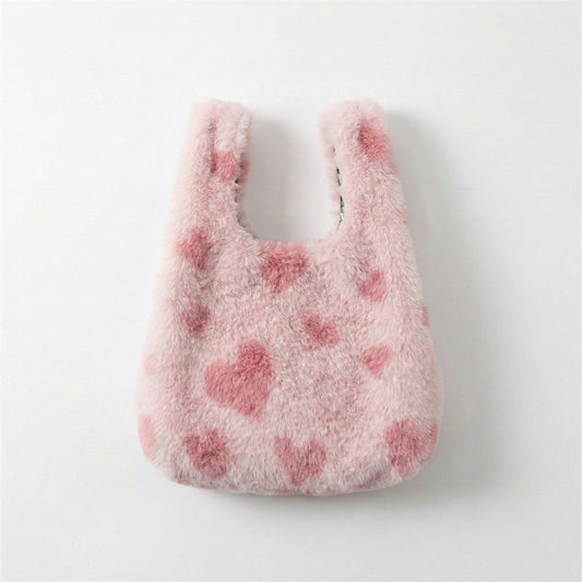 Faux Fur Shoulder Tote Bag with Heart Pattern Soft Plush Texture and Wide Handles