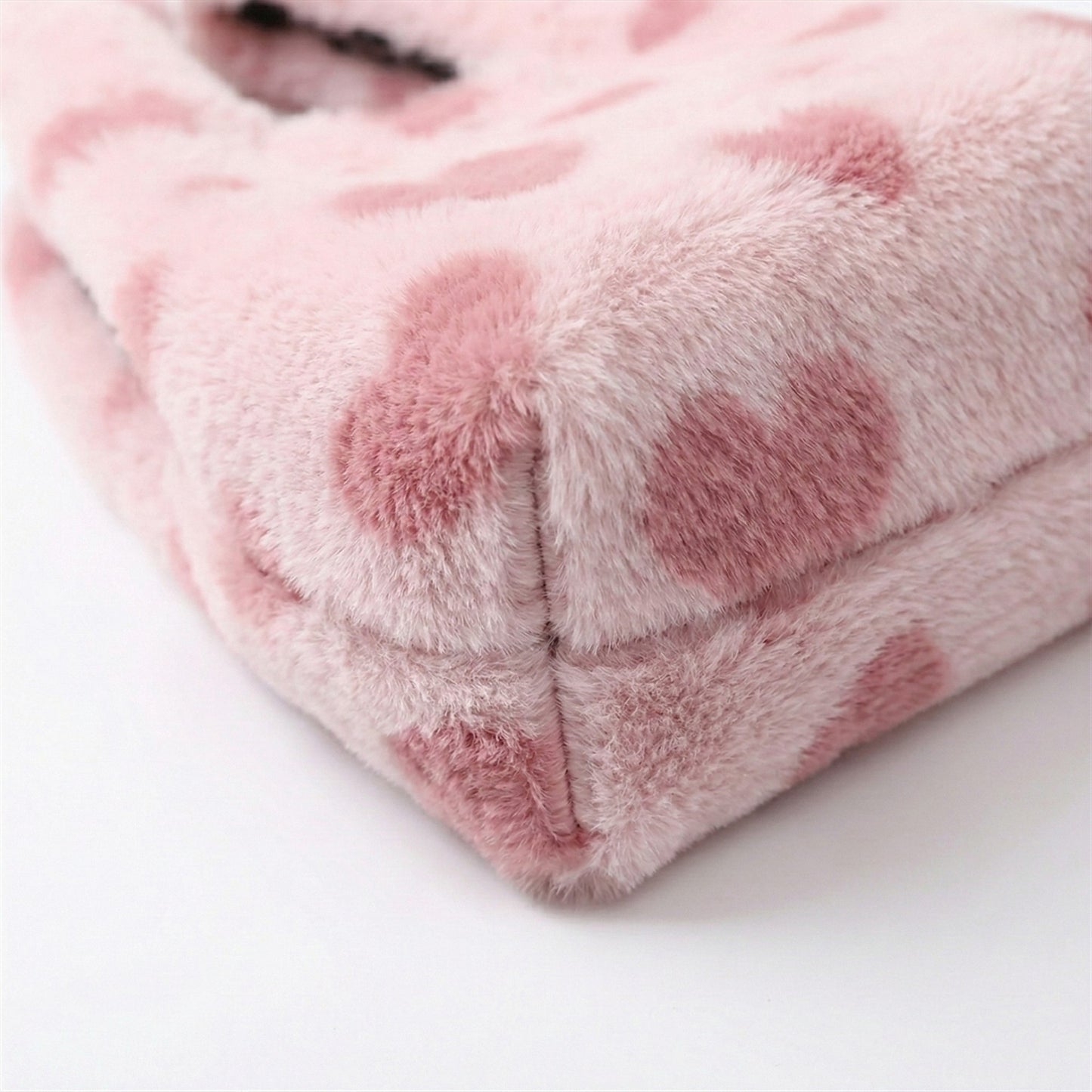 Faux Fur Shoulder Tote Bag with Heart Pattern Soft Plush Texture and Wide Handles