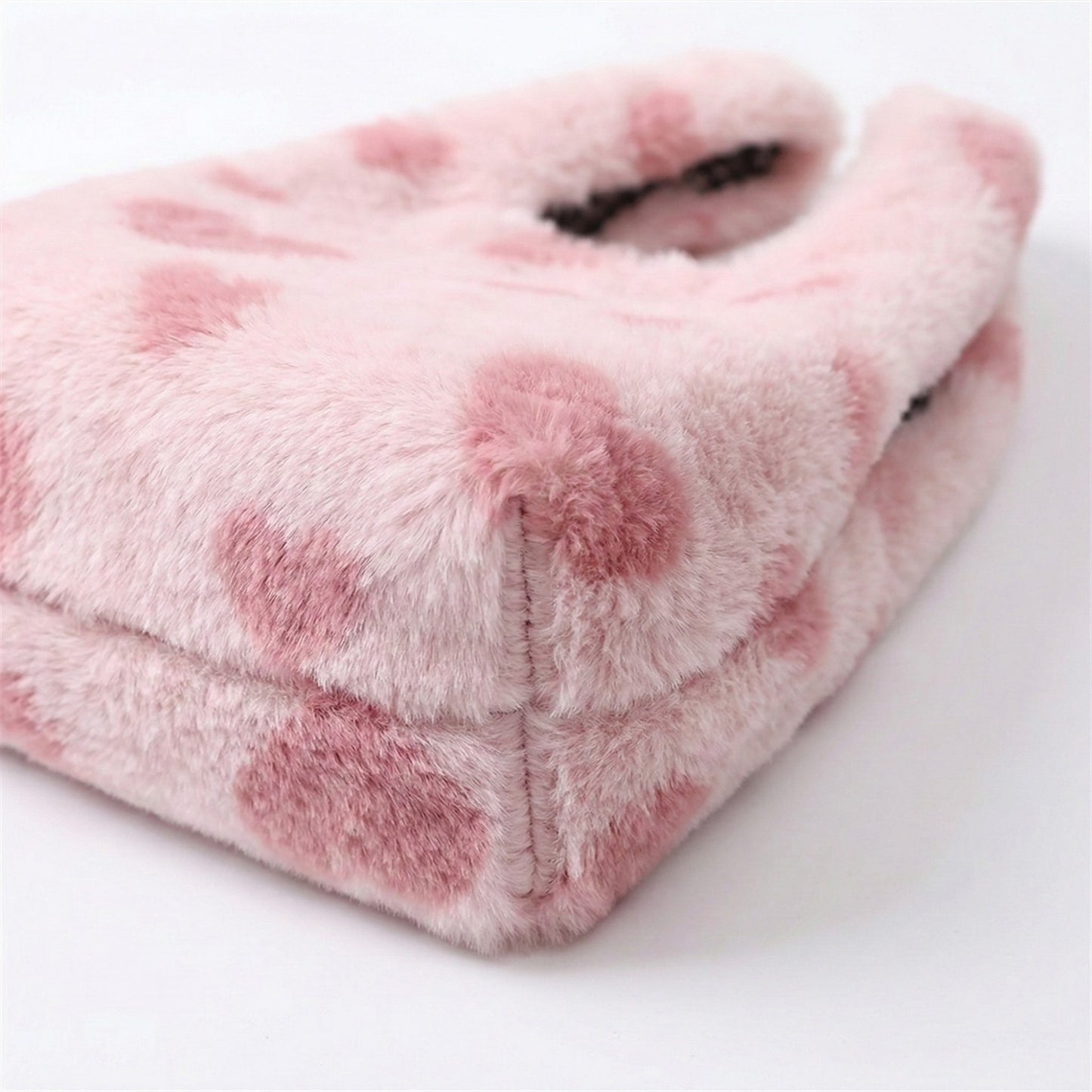 Faux Fur Shoulder Tote Bag with Heart Pattern Soft Plush Texture and Wide Handles