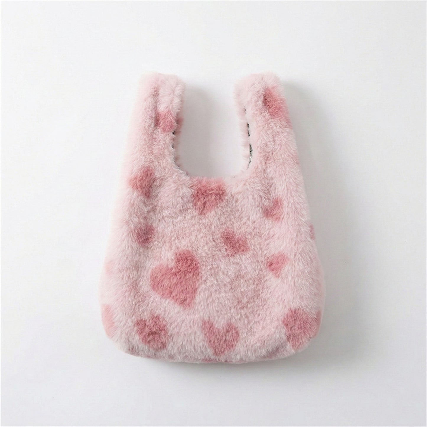 Faux Fur Shoulder Tote Bag with Heart Pattern Soft Plush Texture and Wide Handles