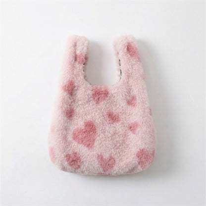 Faux Fur Shoulder Tote Bag with Heart Pattern Soft Plush Texture and Wide Handles