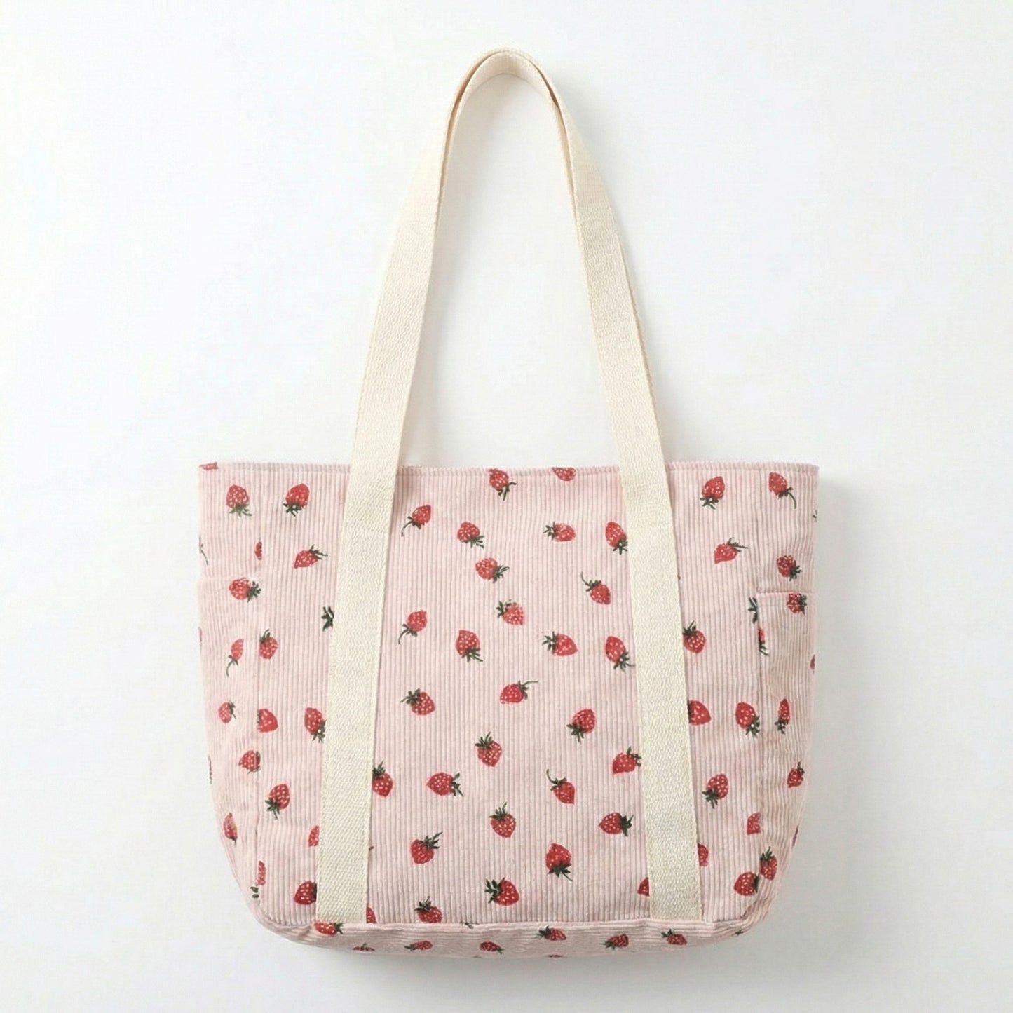 Strawberry Print Corduroy Tote Bag with Double Shoulder Straps and Front Snap Pocket