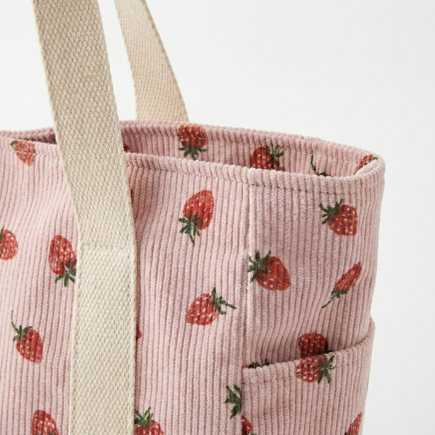 Strawberry Print Corduroy Tote Bag with Double Shoulder Straps and Front Snap Pocket