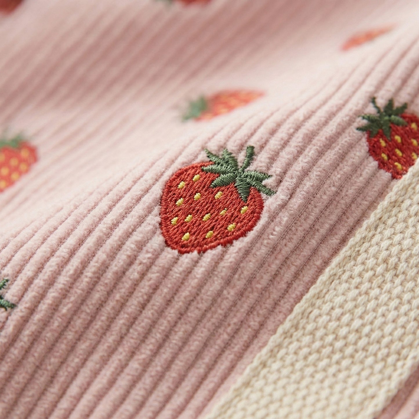 Strawberry Print Corduroy Tote Bag with Double Shoulder Straps and Front Snap Pocket
