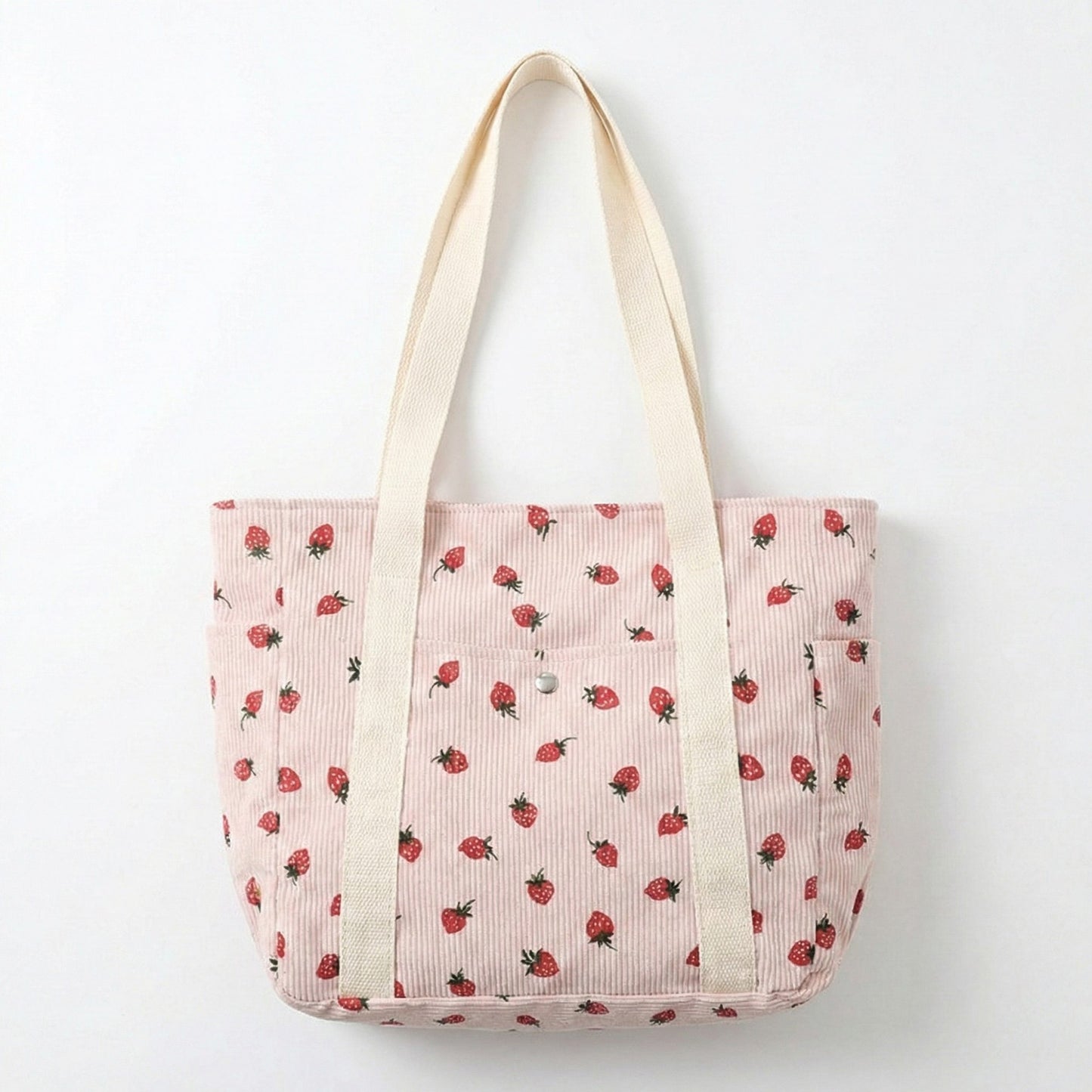 Strawberry Print Corduroy Tote Bag with Double Shoulder Straps and Front Snap Pocket