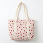 Strawberry Print Corduroy Tote Bag with Double Shoulder Straps and Front Snap Pocket