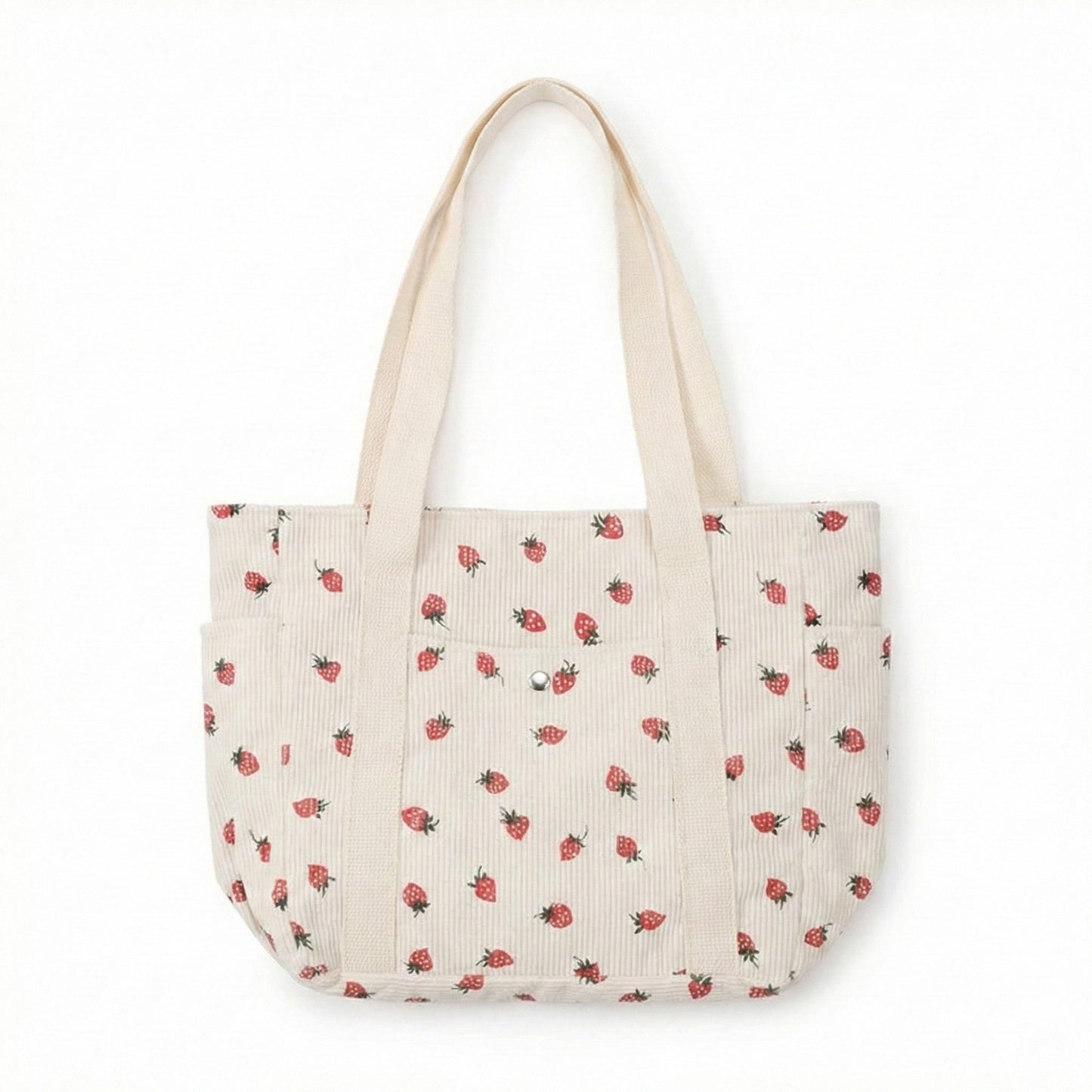 Strawberry Print Corduroy Tote Bag with Double Shoulder Straps and Front Snap Pocket
