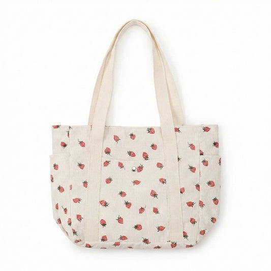 Strawberry Print Corduroy Tote Bag with Double Shoulder Straps and Front Snap Pocket