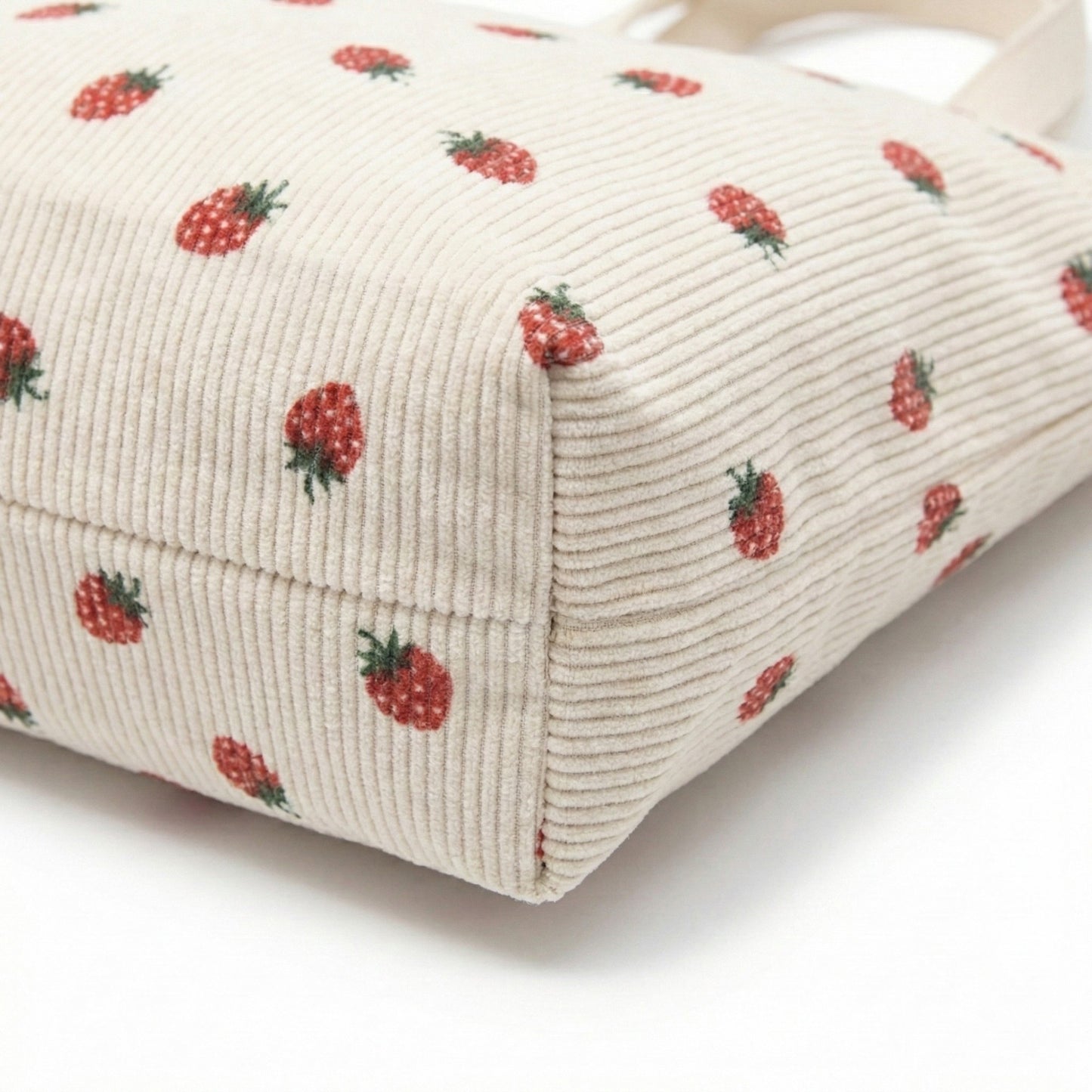 Strawberry Print Corduroy Tote Bag with Double Shoulder Straps and Front Snap Pocket