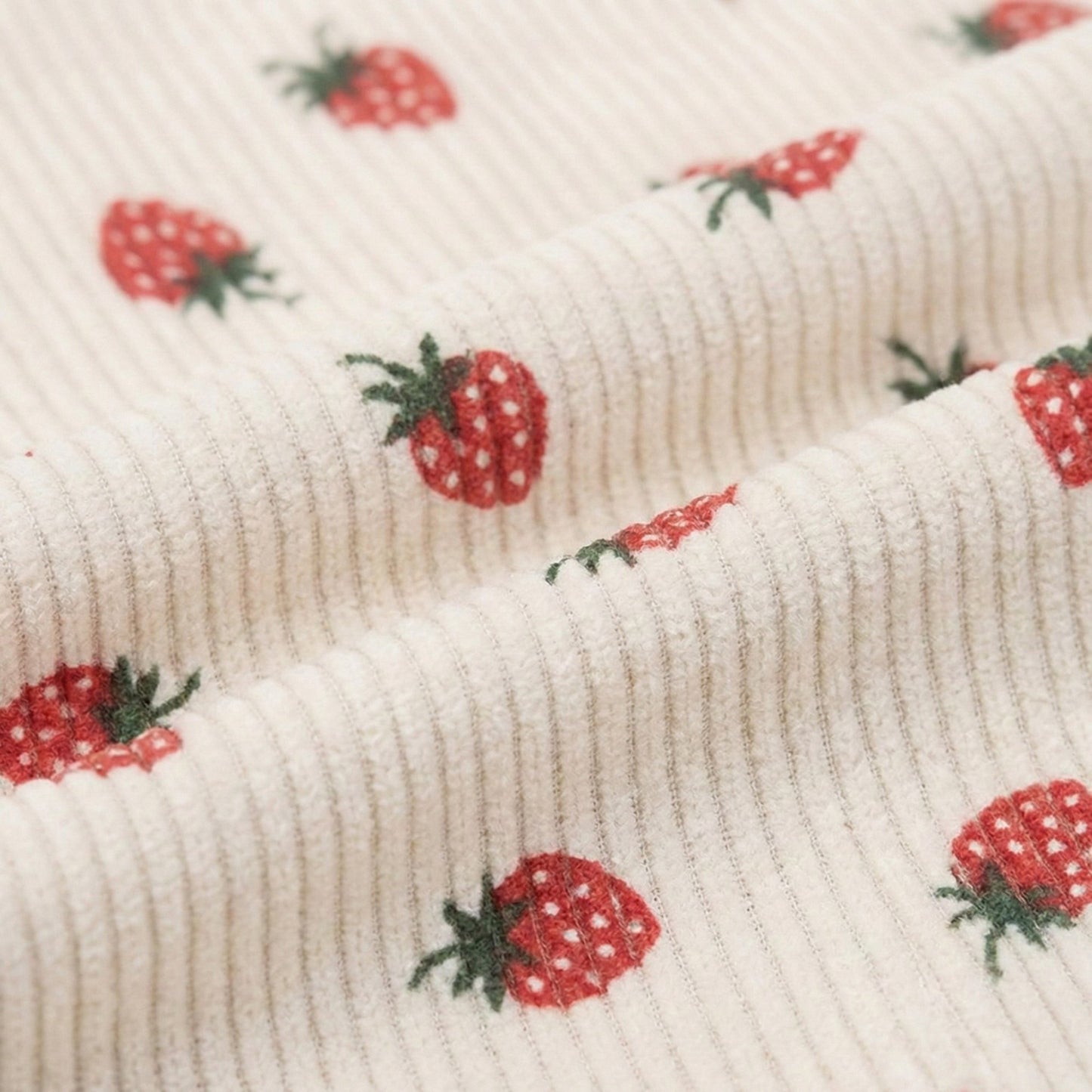 Strawberry Print Corduroy Tote Bag with Double Shoulder Straps and Front Snap Pocket