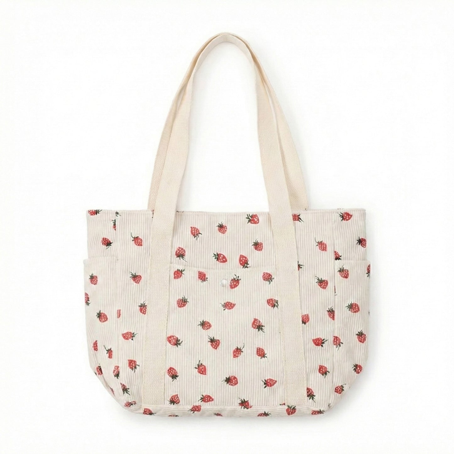 Strawberry Print Corduroy Tote Bag with Double Shoulder Straps and Front Snap Pocket