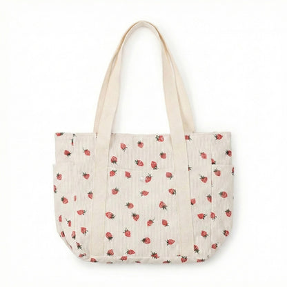 Strawberry Print Corduroy Tote Bag with Double Shoulder Straps and Front Snap Pocket