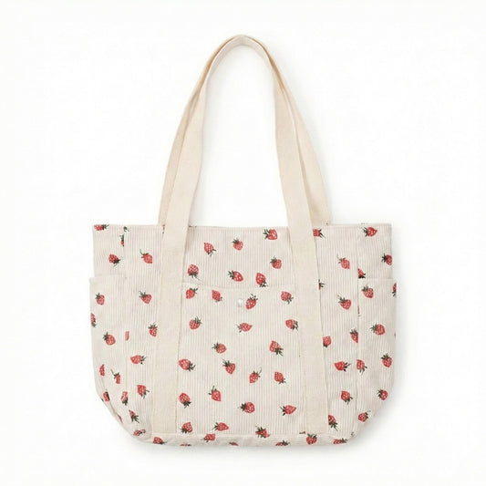 Strawberry Print Corduroy Tote Bag with Double Shoulder Straps and Front Snap Pocket