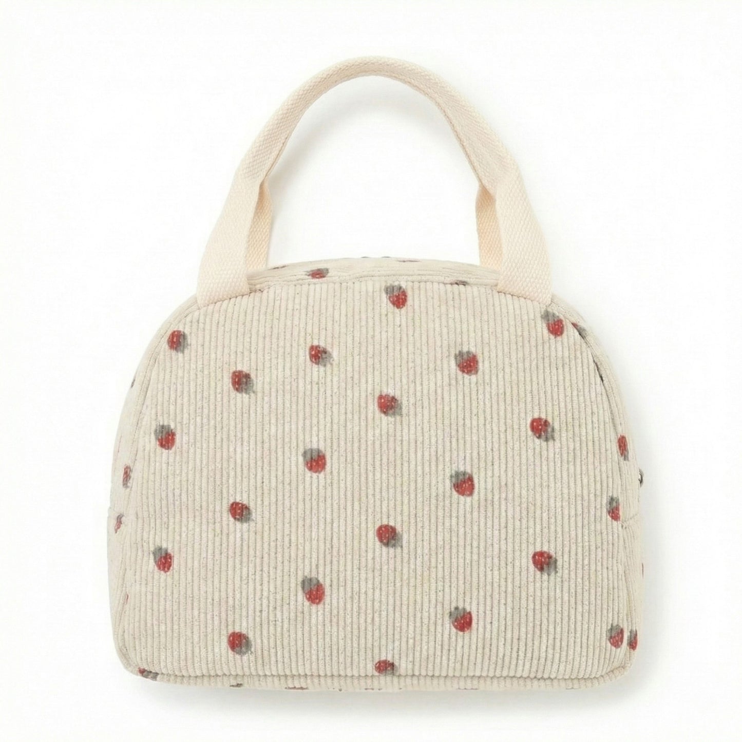 Insulated Lunch Tote Bag with Foil Lining Strawberry Print Corduroy and Top Handle
