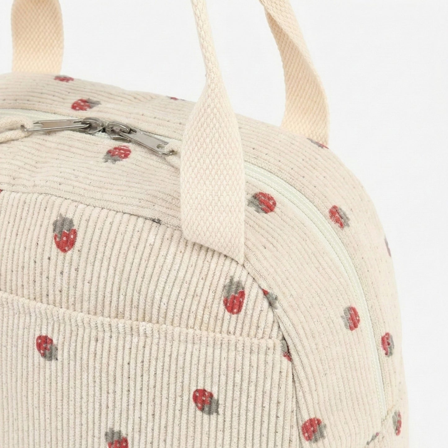 Insulated Lunch Tote Bag with Foil Lining Strawberry Print Corduroy and Top Handle