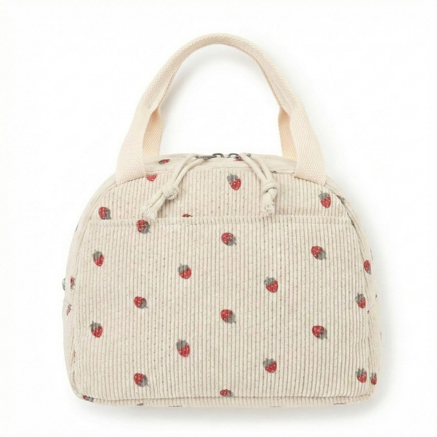 Insulated Lunch Tote Bag with Foil Lining Strawberry Print Corduroy and Top Handle