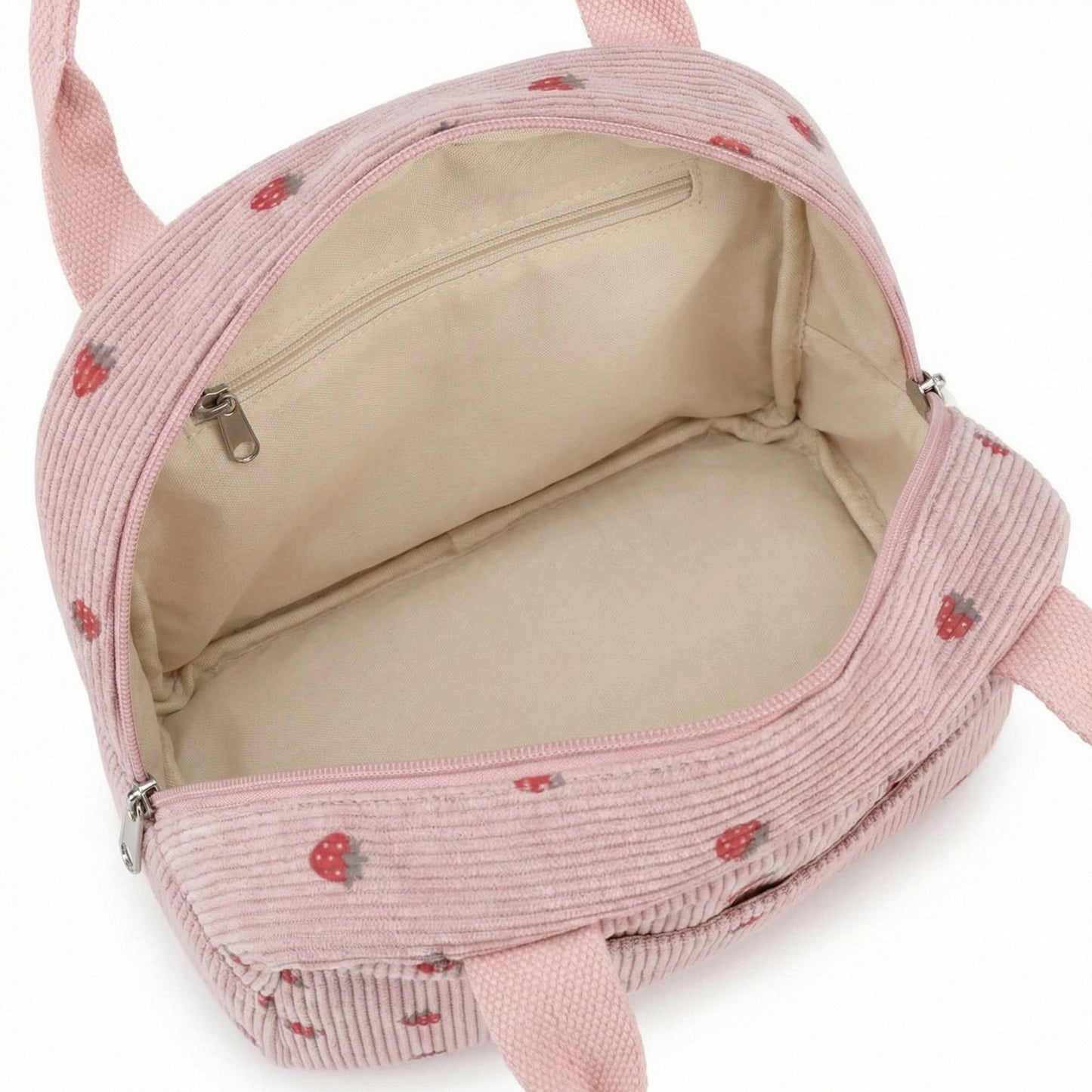 Insulated Lunch Tote Bag with Foil Lining Strawberry Print Corduroy and Top Handle
