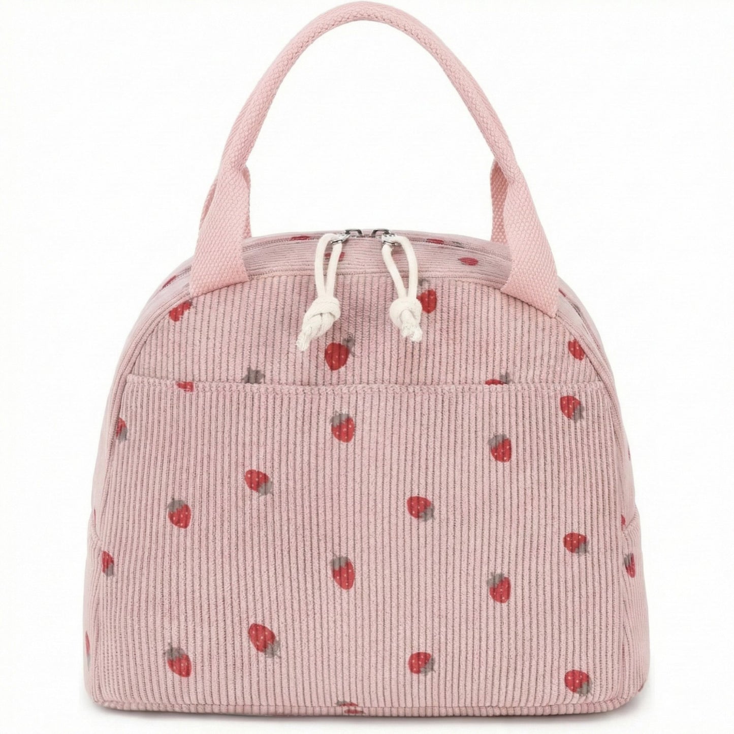 Insulated Lunch Tote Bag with Foil Lining Strawberry Print Corduroy and Top Handle