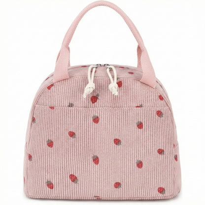 Insulated Lunch Tote Bag with Foil Lining Strawberry Print Corduroy and Top Handle
