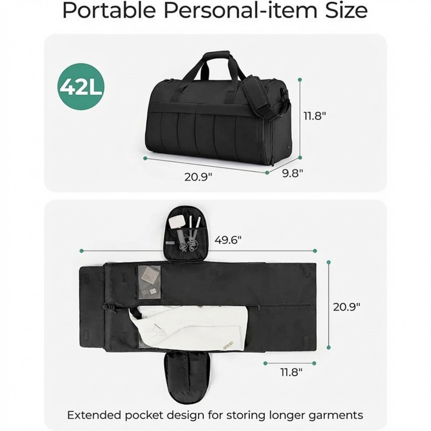 Travel Duffel Bag with Garment Compartment Detachable Strap and Multi Pocket Storage
