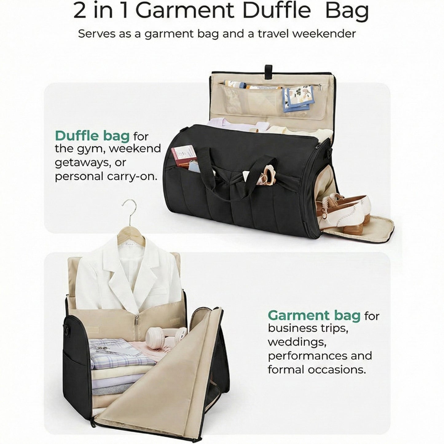 Travel Duffel Bag with Garment Compartment Detachable Strap and Multi Pocket Storage
