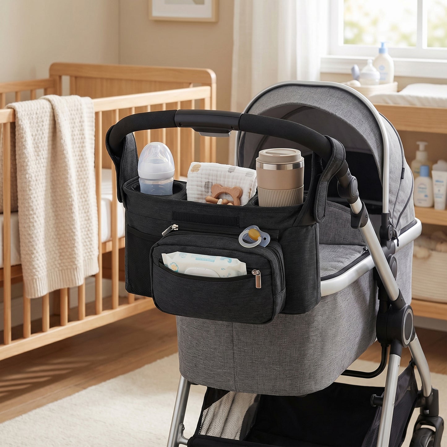 Stroller Organizer with Cup Holders and Zipper Pockets Adjustable Straps Large Storage Space