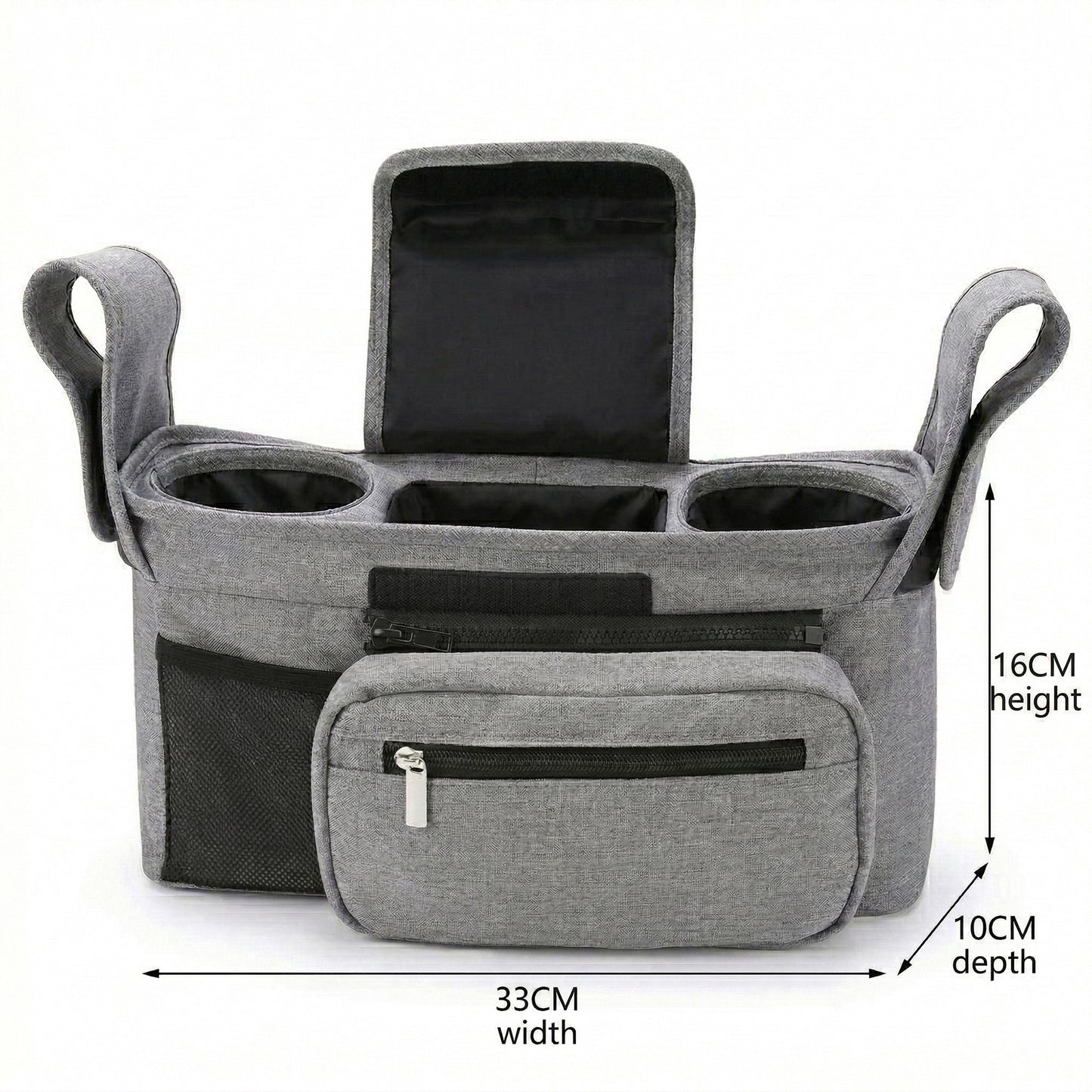 Stroller Organizer with Cup Holders and Zipper Pockets Adjustable Straps Large Storage Space