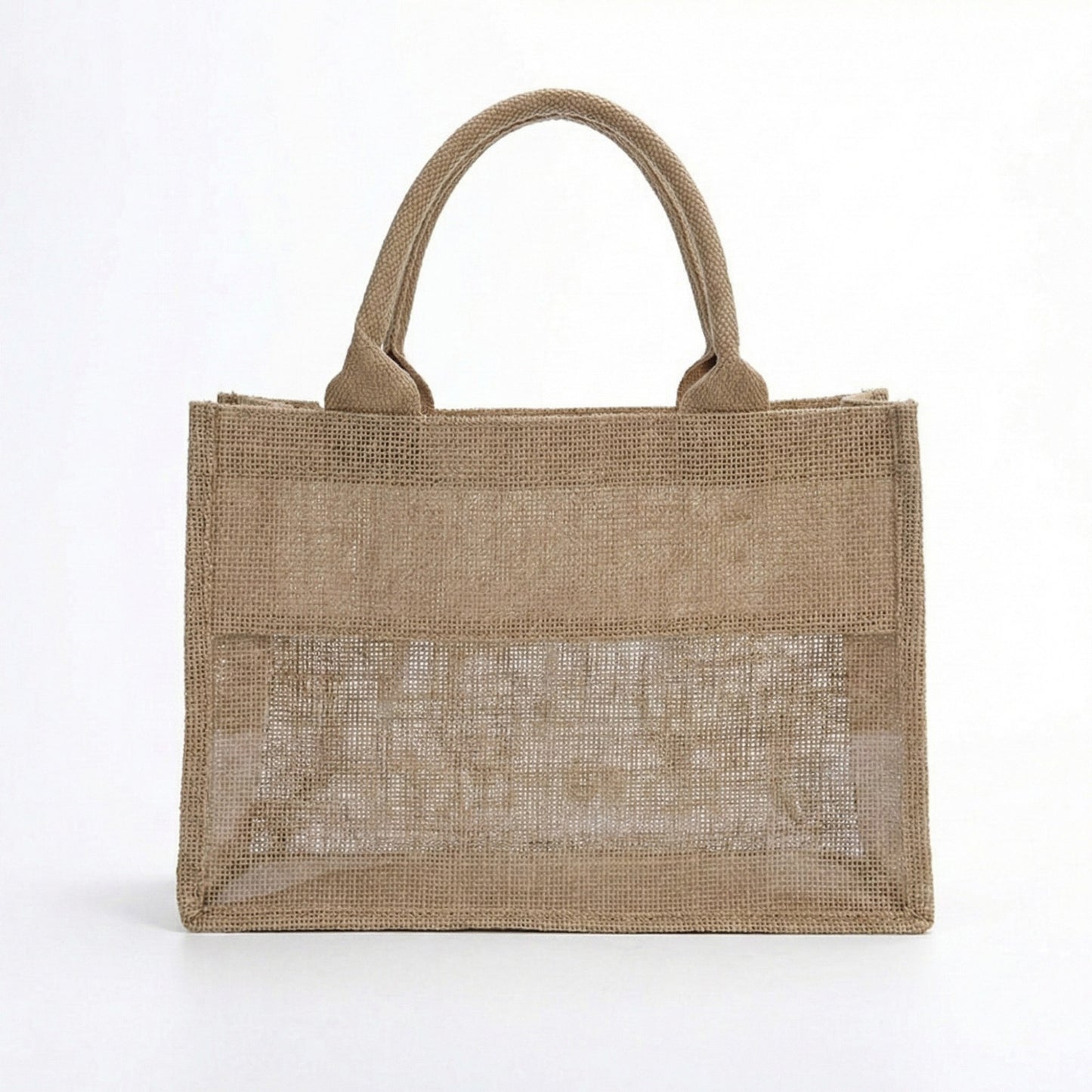 Linen Blend Tote Bag with Structured Shape Clear Window Panel and Double Top Handles