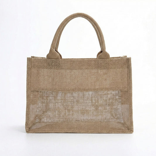 Linen Blend Tote Bag with Structured Shape Clear Window Panel and Double Top Handles
