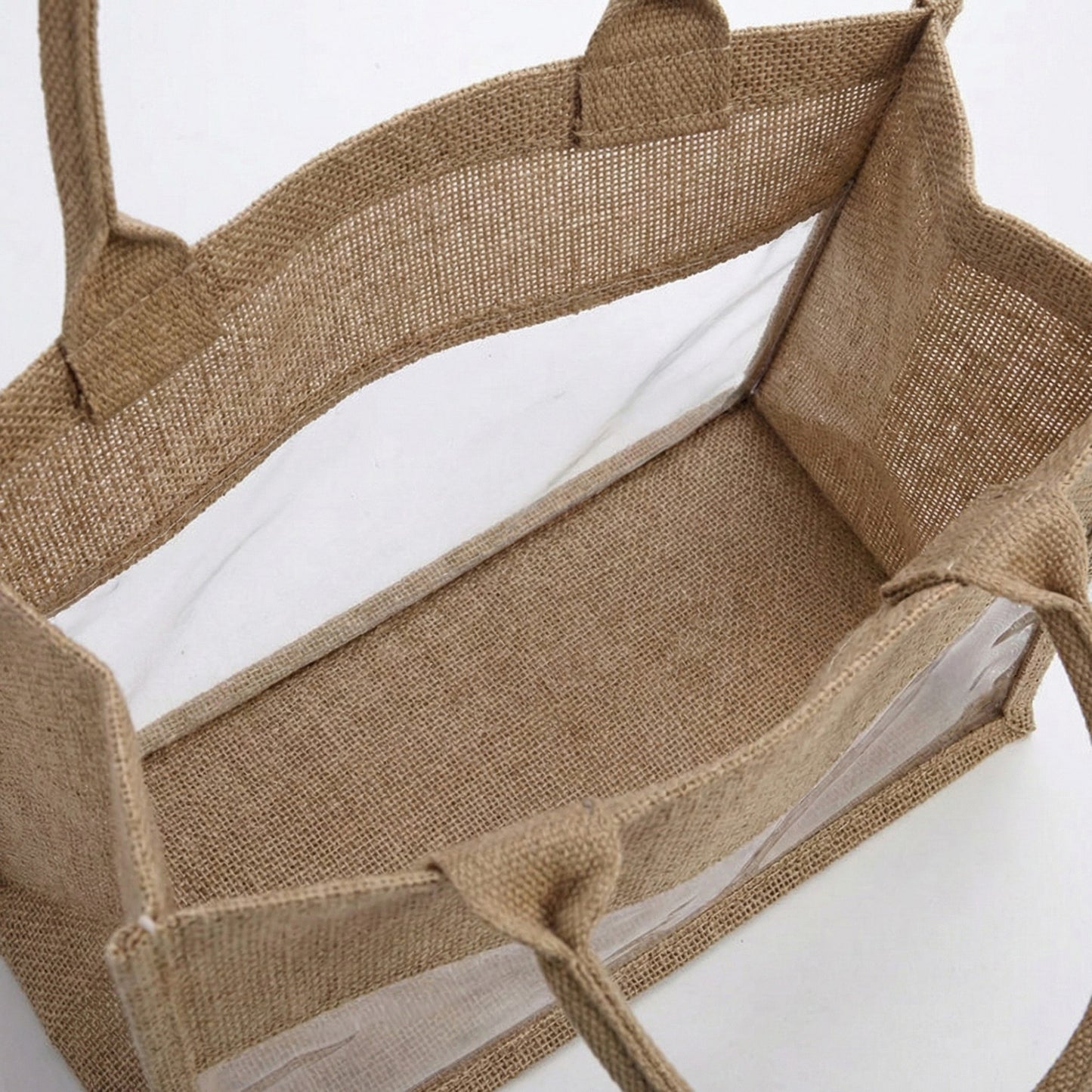 Linen Blend Tote Bag with Structured Shape Clear Window Panel and Double Top Handles