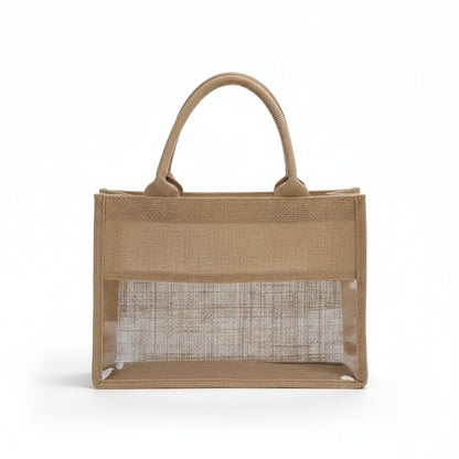Linen Blend Tote Bag with Structured Shape Clear Window Panel and Double Top Handles