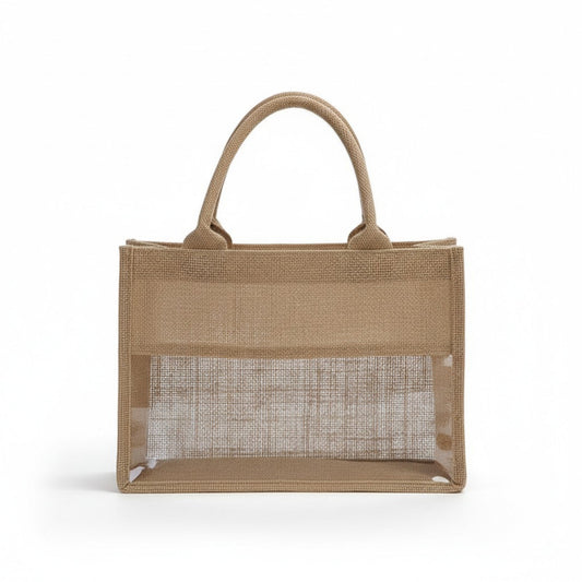 Linen Blend Tote Bag with Structured Shape Clear Window Panel and Double Top Handles