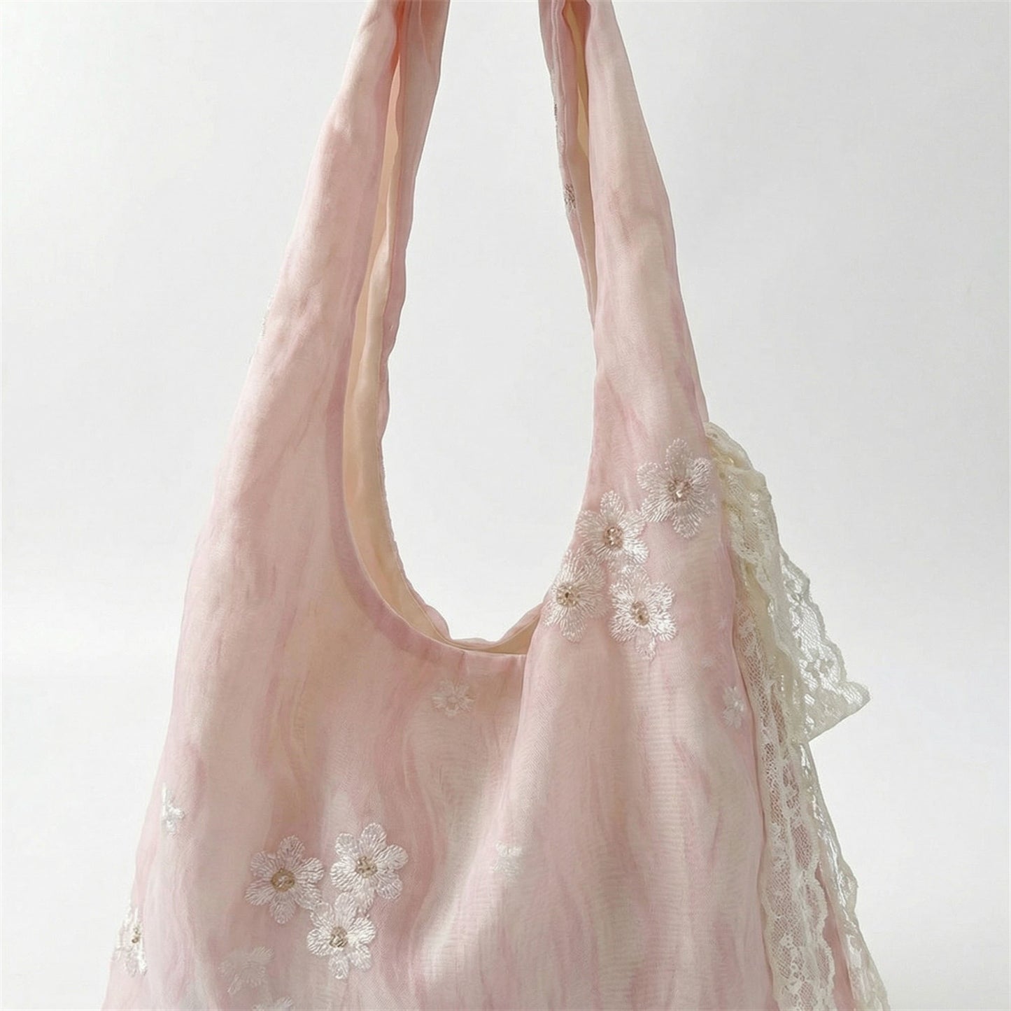 Soft Shoulder Bag Floral Embroidery Lace Trim Detail Slouchy Hobo Silhouette