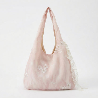 Soft Shoulder Bag Floral Embroidery Lace Trim Detail Slouchy Hobo Silhouette