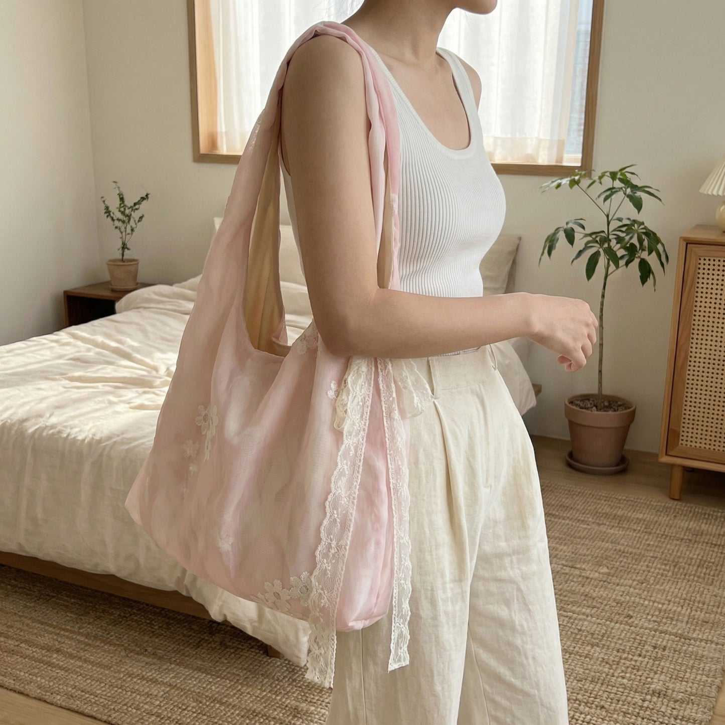 Soft Shoulder Bag Floral Embroidery Lace Trim Detail Slouchy Hobo Silhouette